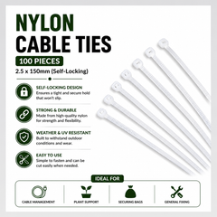 100 Pieces Nylon Cable Ties 2.5 x 150mm (Self-Locking)