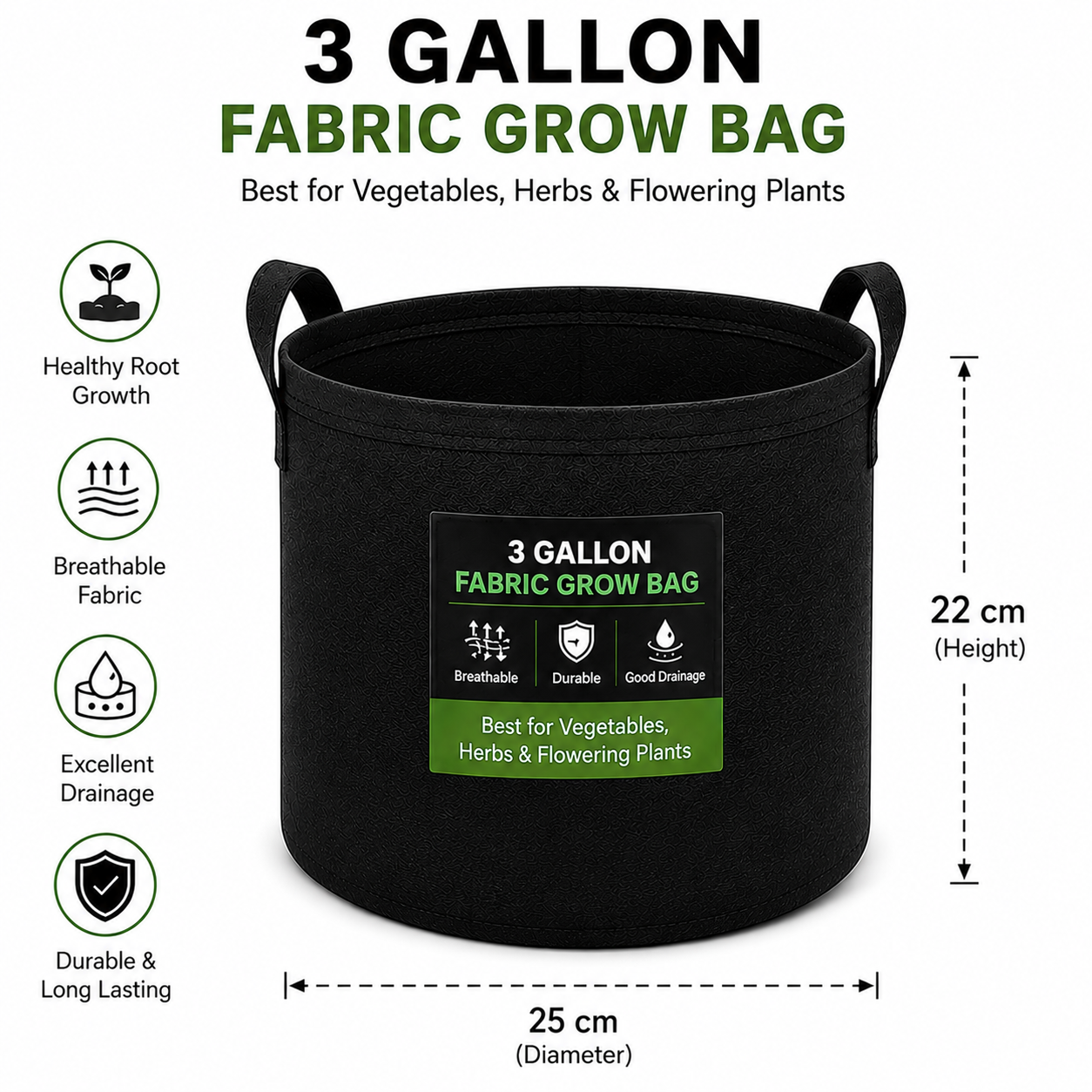 Root Booster Fabric Grow Bag  3 Gallon for Vegetables, Herbs & Flowering Plants