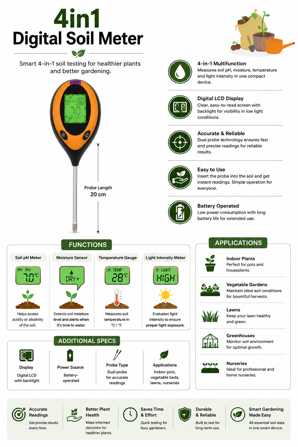 4-in-1 Digital Soil Meter in Pakistan  pH, Moisture, Temperature & Light Tester