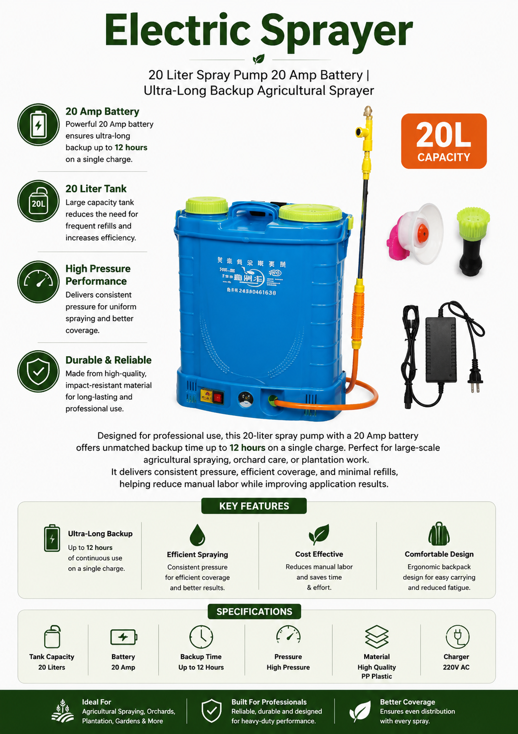 20 Liter Spray Pump  20 Amp Battery | Ultra-Long Backup Agricultural Sprayer