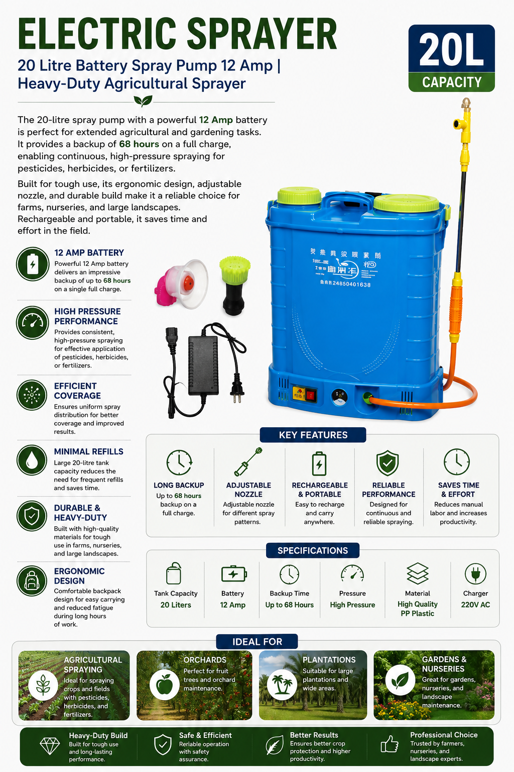 20 Litre Battery Spray Pump  12 Amp | Heavy-Duty Agricultural Sprayer
