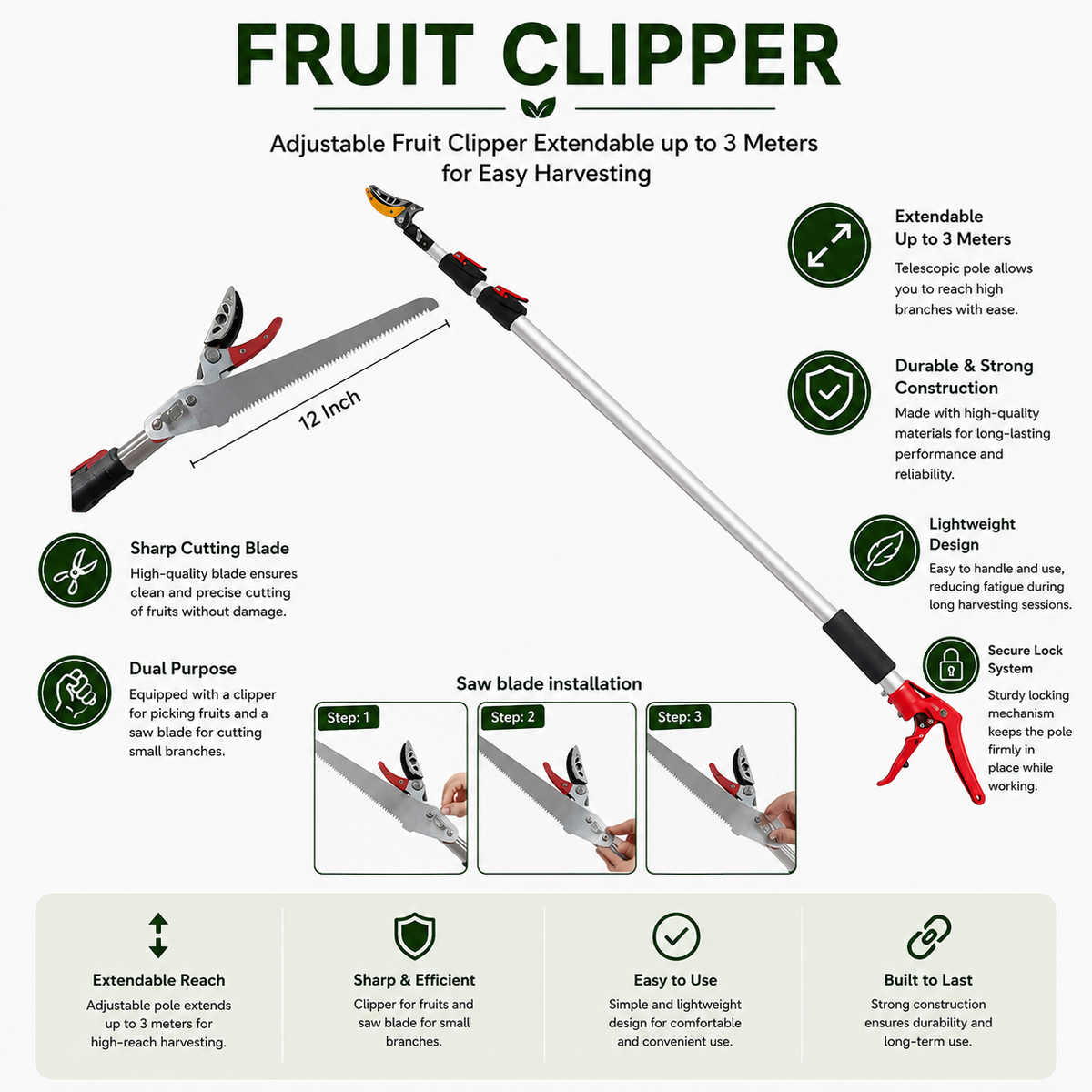 Adjustable Fruit Clipper  Extendable up to 3 Meters for Easy Harvesting