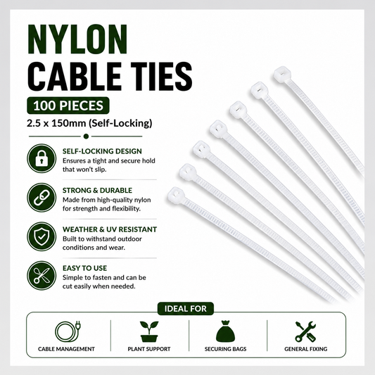 100 Pieces Nylon Cable Ties  2.5 x 150mm (Self-Locking)